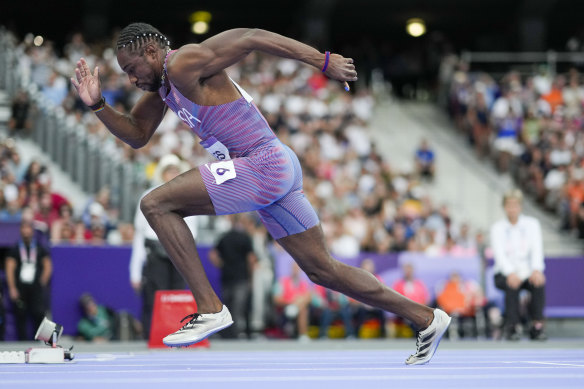 Noah Lyles, of the United States, competes during the men’s 200-meter semifinal at the 2024 Summer Olympics.