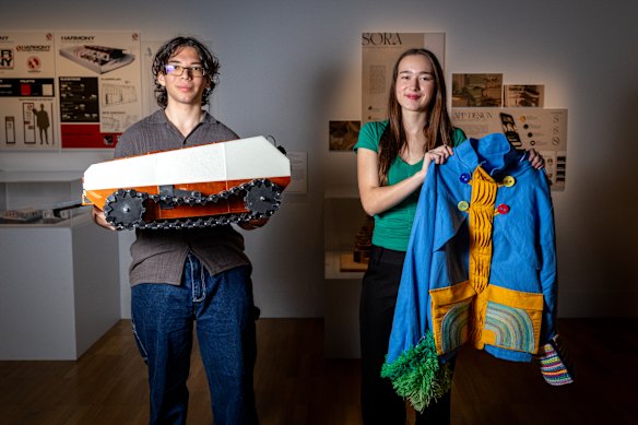 Liam Holmes and Maya Soha’s VCE design work is featured in the Top Designs exhibition. The event showcases the best work from last year’s high school students.