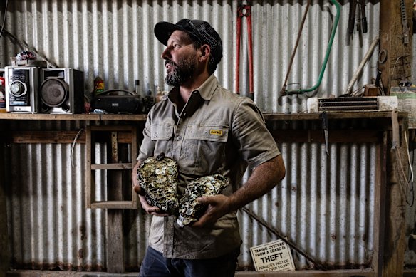 Kirk Hargreaves, owner of Oysters on the Clyde, won the Narooma Oyster Festival’s biggest oyster competition in 2022 with Uncle Ray. Here he is with some of his giant Pacific oysters.