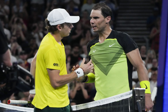 Spain’s Rafael Nadal, right, congratulates Australia’s Alex de Minaur after their match at the United Cup in Sydney.