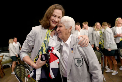 Cate Campbell embraces swimming legend Dawn Fraser after being announced as a flag bearer for the Tokyo Games.