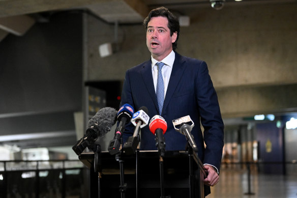 AFL CEO Gillon McLachlan speaks to the media after the Hawthorn racism allegations.