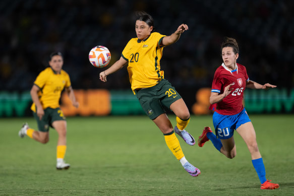 Matildas captain Sam Kerr of Australia in action during the Cup of Nations match between the Australia Matildas and Czechia at Industree Group Stadium on February 16, 2023.
