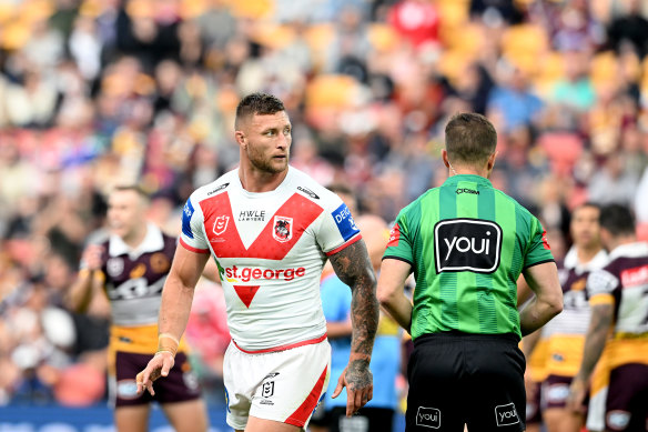 Tariq Sims trudges off for one of his two stints in the bin during St George Illawarra’s loss to Brisbane.