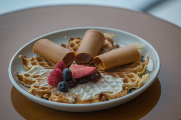 Waffle and fruit served in Mamsen’s cafe on board the Viking Star.