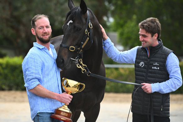 Ciaron Maher and David Eustace pose with Melbourne Cup winner Gold Trip in 2022.