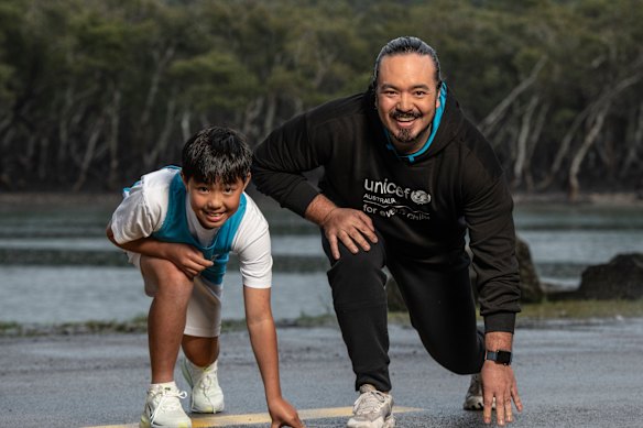TV chef Adam Liaw and his son Christopher, 11, are also training for next weekend’s race. The pair are raising money for UNICEF.
