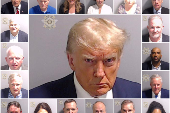 Police mugshots of former US president Donald Trump and the 18 people charged with him.