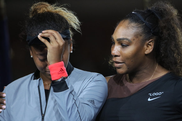 Serena Williams consoles Naomi Osaka after the 2018 US Open.