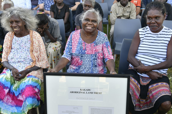 Senior Mirarr traditional owner Yvonne Margarula and other elders at the Jabiru lease handback ceremony.