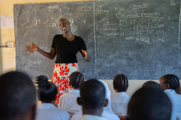 Nyadol Nyuon addressing students at  Kakuma Secondary School in Kenya.