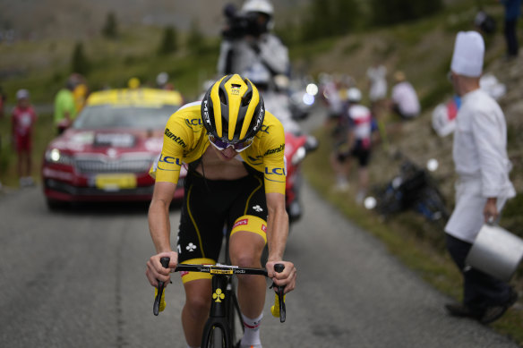 Tadej Pogacar climbs the Granon pass, on the day he lost the lead in this year’s Tour de France.