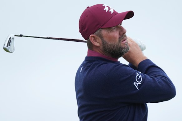 Marc Leishman plays his tee shot on the 13th hole during the second round of the British Open.
