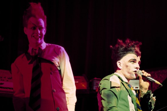 Eddie Rayner, left, and Tim Finn on stage with Split Enz at Imperial College in London in 1976.
