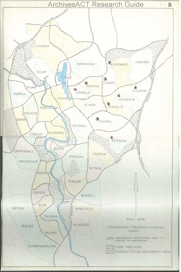 This plan of proposed suburb names of Tuggeranong shows the Tuggeranong Parkway running to the west of Kambah and suburban development on the western side of the Murrumbidgee River.