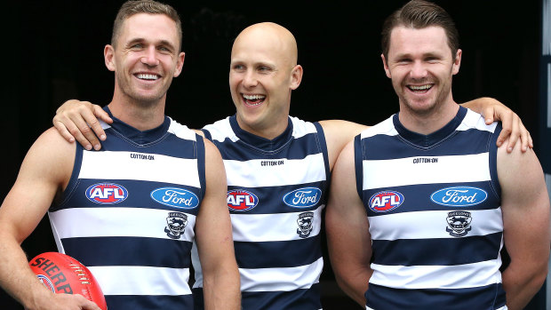 Returning cat Gary Ablett with Joel Selwood and Patrick Dangerfield.