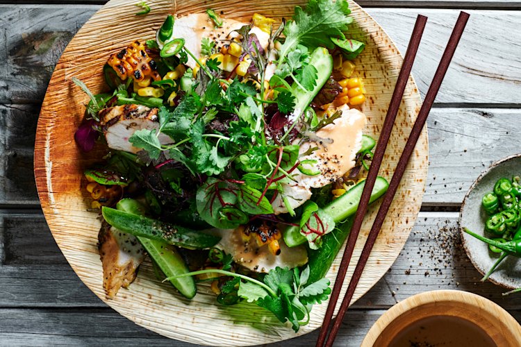 Coconut and coriander chicken with corn and cucumber salad.