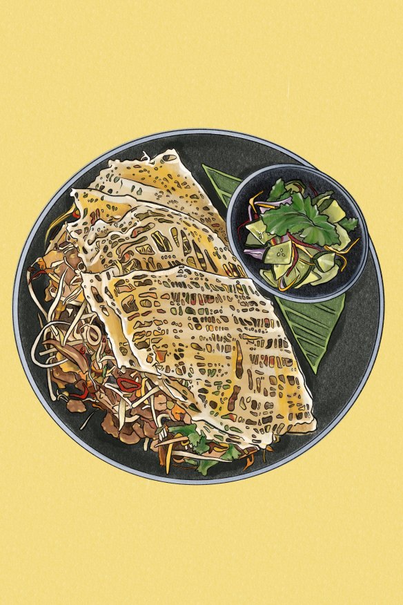 Eggnet with pork, prawn and beansprouts, Longrain, Surry Hills.