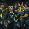 Australia’s Adam Zampa, second left, celebrates with teammates the wicket of Pakistan’s Naseem Shah