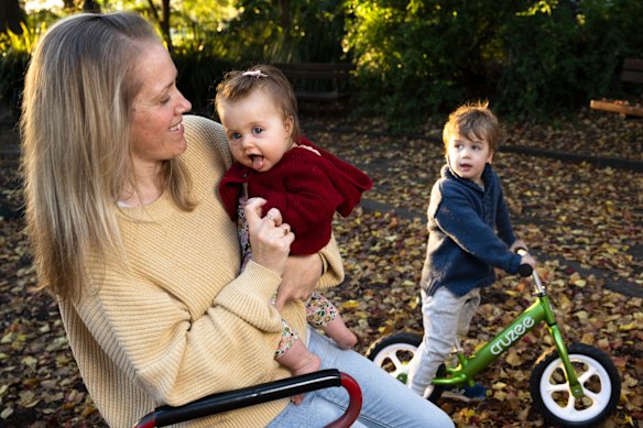 Claire Neylan, 37, with daughter Olivia and son Tommy, who were born at opposite ends of the COVID-19 pandemic.