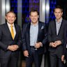 l to r - Premier of WA Roger Cook, John van der Wielen, chairman of Crown Resorts Perth, James Chessell, Ben Wyatt, director at Rio Tinto and Woodside Energy, Matt Stanton, Nine CEO.
