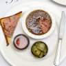Chicken liver brulee with marmalade, pickles and brioche. 