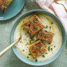 Cauliflower, thyme and potato soup topped with mini cheese toasties.