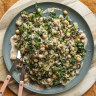 Chickpea, brown rice and greens salad with creamy harissa dressing