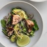 Miso salmon, soba noodles and avocado salad.