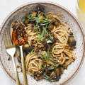 Miso eggplant noodles with crunchy chilli oil.