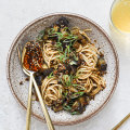 Miso eggplant noodles with crunchy chilli oil.