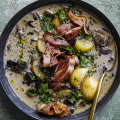 Rustic mushroom, potato and bacon soup. 