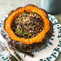 Roasted pumpkin with spiced brown rice and brisket.