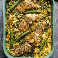 Spring chicken traybake with baby zucchini nestled in risoni.