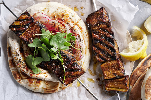 Eggplant shawarma with sumac pickled radishes and tahini.
