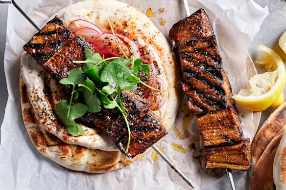 Eggplant shawarma with sumac pickled radishes and tahini.