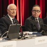 Qantas chair Richard Goyder and former CEO Alan Joyce at the Qantas AGM in November 2022.