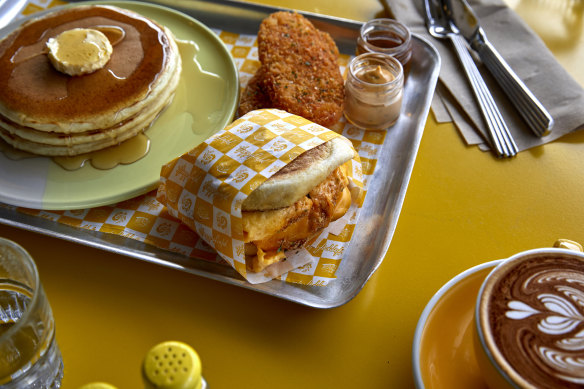 Happyfield’s Happiest Meal comprises two hash browns, a “McLovin Muffin” with egg, cheese and chicken sausage, and three pancakes.