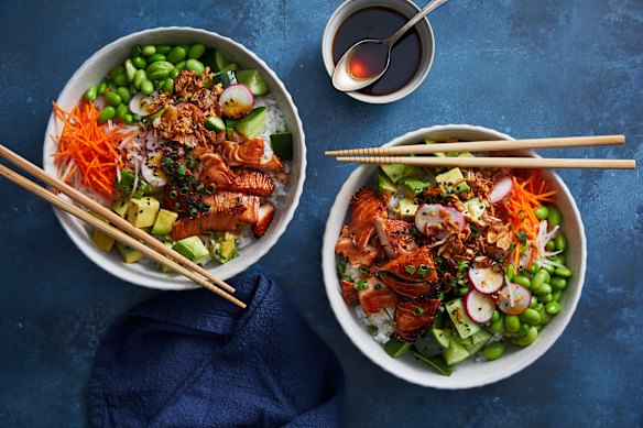 Helen Goh’s kids love salmon poke bowls, like these from RecipeTin Eats.