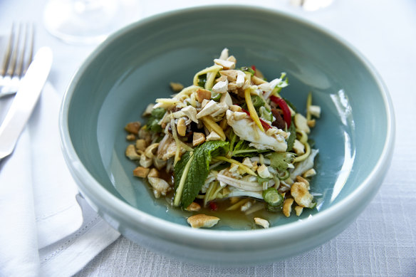 Thai-style salad of hand-picked blue swimmer with sweet pork, chilli and green mango ($42).