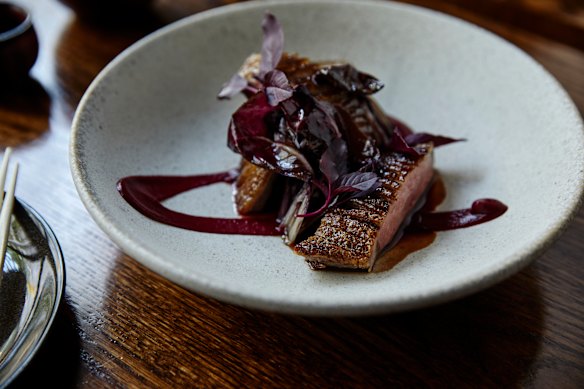 Duck, sansho pepper, plum soy glaze, radicchio and beetroot.
