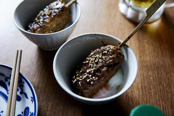 Tsukune (chicken meatball) with slow-cooked egg at Yakitori Yurippi.