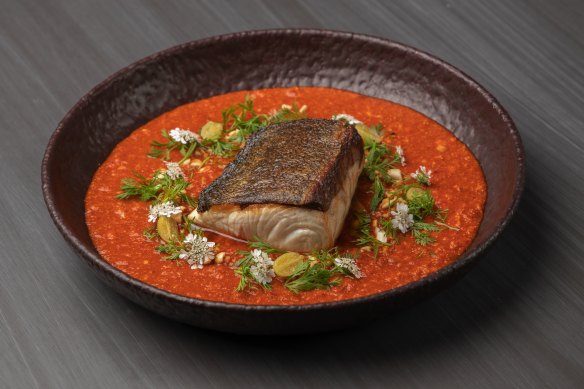 Pan-seared hiramasa king fish fillet with Thai Yai relish and cherry tomato purée.