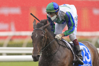 Regan Bayliss on Never Been Kissed in the Darley Flight Stakes last month.
