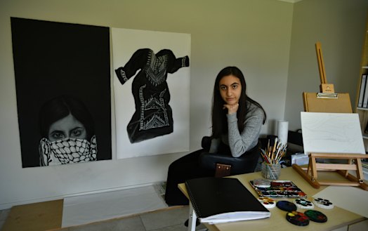 Narrelle Odeh, who lives in the Liverpool area, works on her HSC major work at home. 