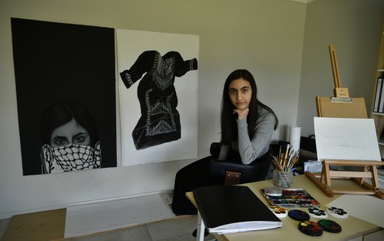 Narrelle Odeh, who lives in the Liverpool area, works on her HSC major work at home. 