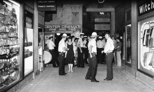 Police seal off the ground floor of the Manchester Unity building after three men were killed during the Manchester Unity jewel robbery on March 17, 1978. 