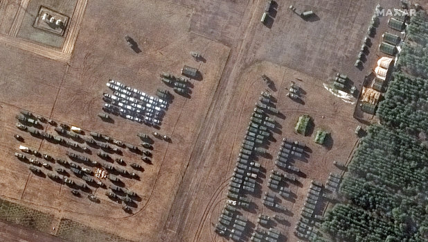 A satellite image provided by Maxar Technologies shows new deployments of troops and equipment that have been established in rural areas southwest of Belgorod.