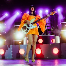 Laura Lee Ochoa on stage with Khruangbin at the Sidney Myer Music Bowl in 2022.