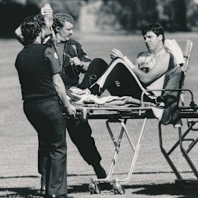 February 25, 1986: Rod MacDonald is stretchered from a Victoria Police helicopter after the shootout with Pavel Marinof, aka Mad Max.